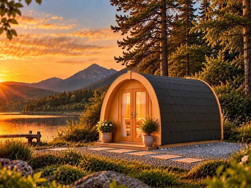 Camping Pod aus Holz mit gewölbtem schwarzem Schindeldach und verglaster Doppeltür an einem See bei Sonnenuntergang