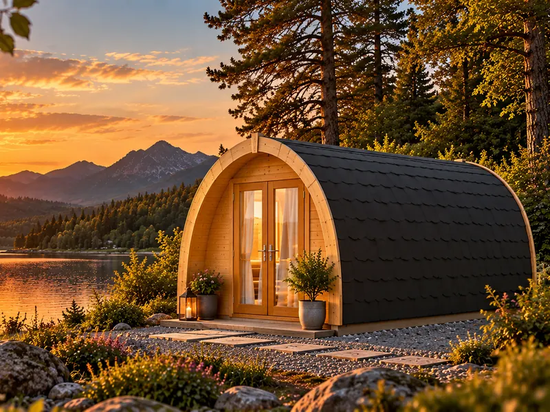 Camping Pod aus Holz mit gewölbtem schwarzem Schindeldach und verglaster Doppeltür an einem See bei Sonnenuntergang