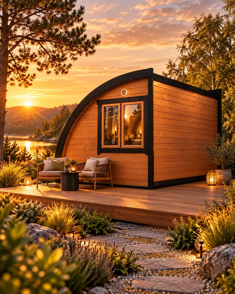 Pod aus Holz mit gewölbter Seitenwand, großem Fenster und Terrasse im Abendlicht an einem See