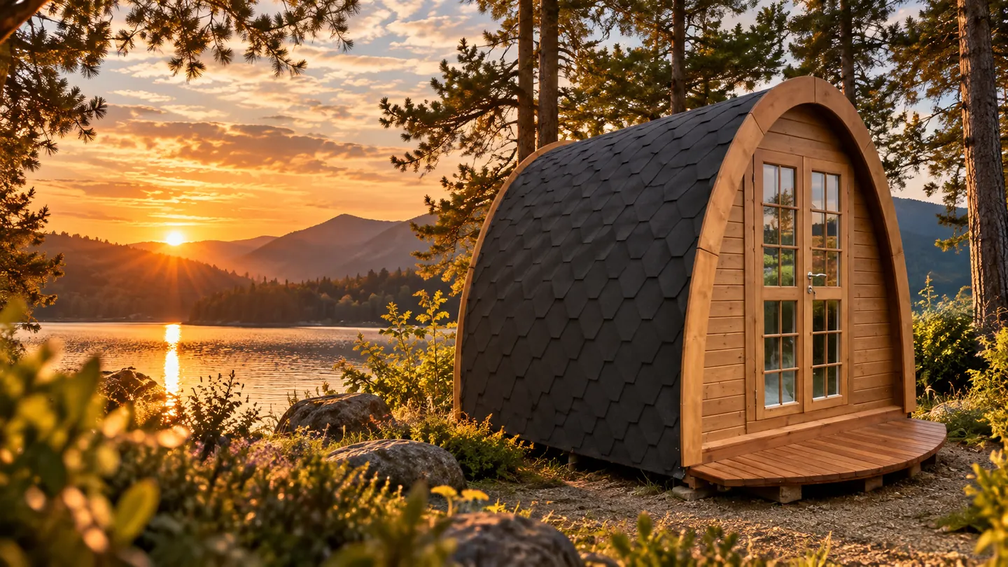 Camping Pod aus Holz mit gewölbtem Schindeldach und verglaster Doppeltür an einem Seeufer bei Sonnenuntergang