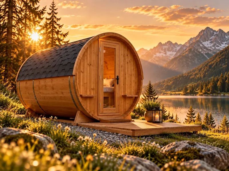 Schlaffass aus hellem Holz mit Schindeldach vor einem Bergsee