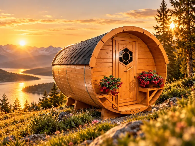 Schlaffass aus Holz mit sechseckigem Türfenster und Blumenkästen vor einem Bergsee