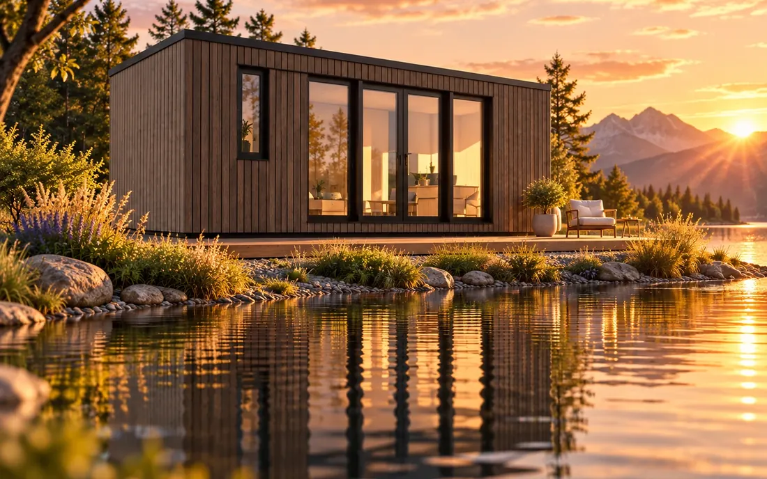 Tiny Haus mit dunkler Holzfassade und bodentiefen Fenstern an einem Teich zwischen Kiefern