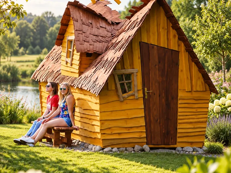 Zwergenhaus aus gelbem Holz mit Schindeldach auf einer Wiese, davor zwei Personen auf einer Bank