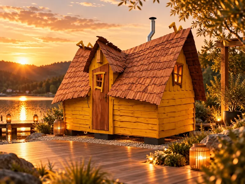 Zwergenhaus aus gelbem Holz mit Schindeldach und Schornstein an einem See